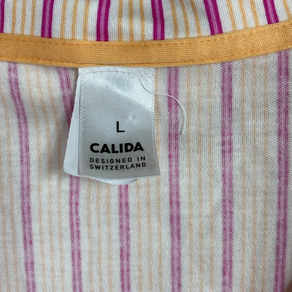 Calida Pink & Orange Striped, Button Front Long Sleeve Woman’s Large Night Shirt - Picture 4 of 11